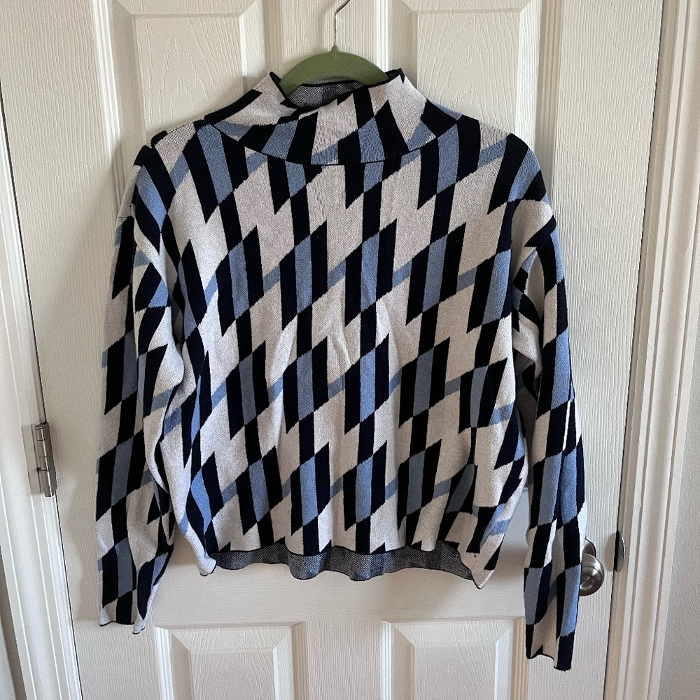Maeve Anthropologie Blue Geometric Sweater Size XS Slightly Cropped Mock Neck